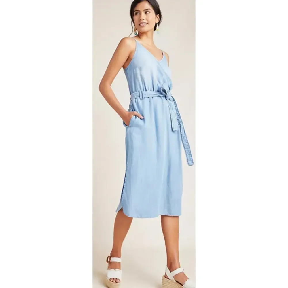 Cloth & Stone XL Surplice Chambray Midi Dress Light Blue Denim Belted Sleeveless - Picture 1 of 9